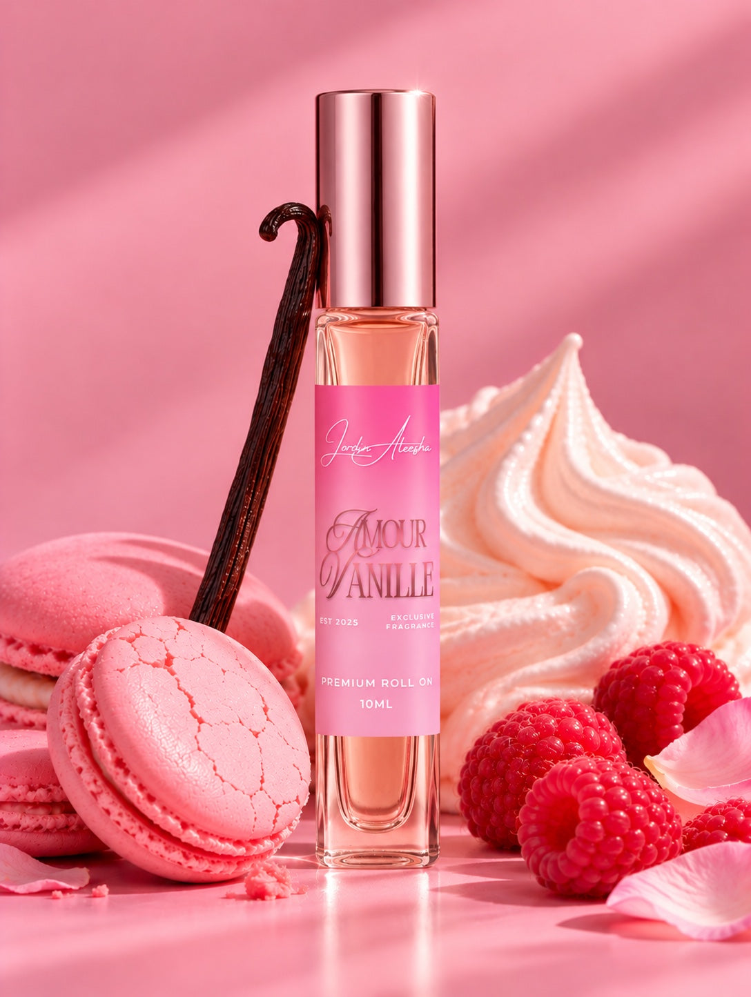 Amour Vanille 10 mL premium roll-on with rose gold cap and pink label