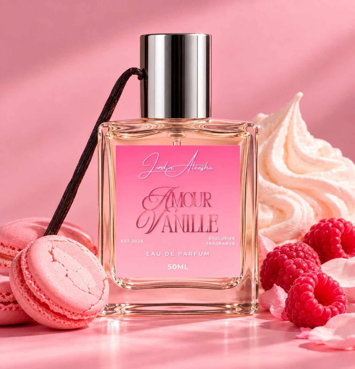 Amour Vanille 50 mL Eau de Parfum with pink macarons, raspberries and vanilla